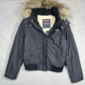 NWT HOLLISTER ALL WEATHER BOMBER JACKET COAT W/FAUX FUR BLACK WOMEN’S SIZE LARGE